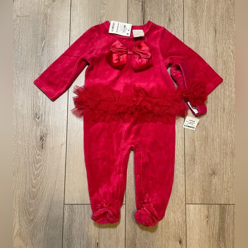 First Impressions Baby Red Velvet Velour Footed Tutu Outfit 6-9M NWT Holiday